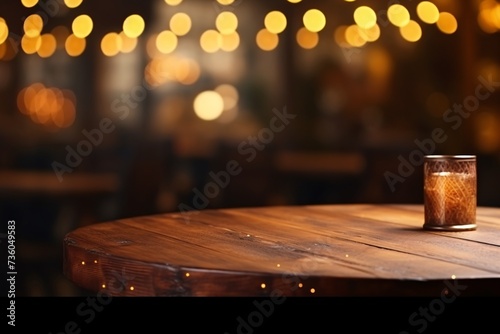 a wooden table with lights in the background