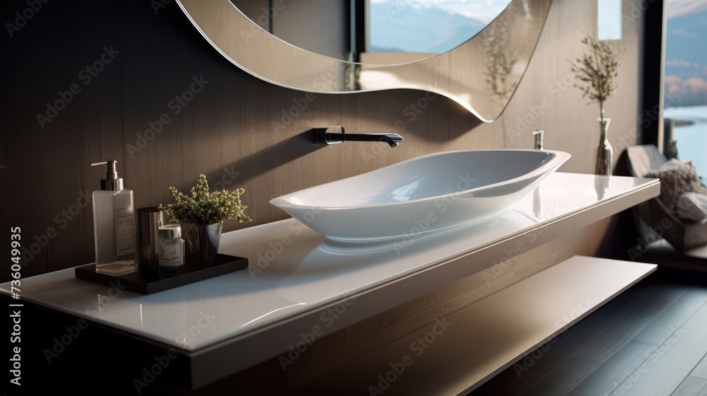 Bathroom interior detail with elegant trendy ultra modern design sink - obrazy, fototapety, plakaty 
