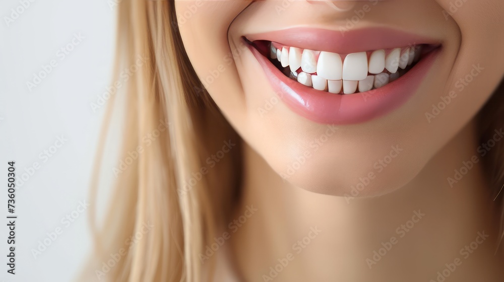 Naklejka premium A radiant woman displaying a joyful smile with healthy teeth, showcasing beauty and dental care in a close-up view
