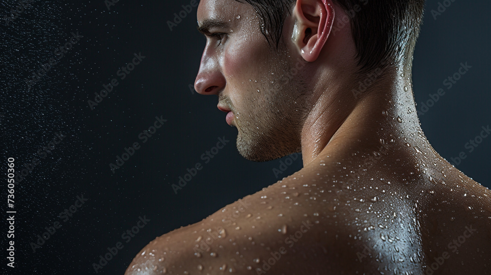 Young man with wet skin. 