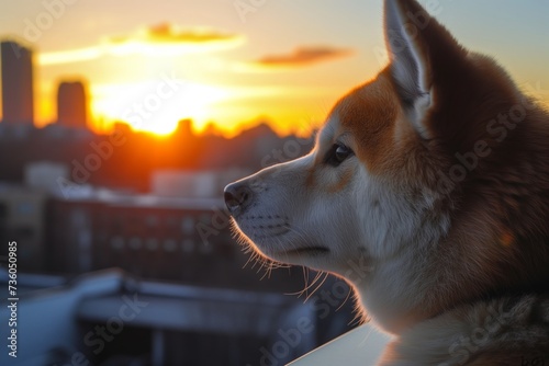 akita inu watching the sunset from a city rooftop photo