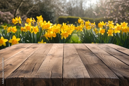 Empty wooden boardwalk over blooming narcissus garden background. spring mock up. photo