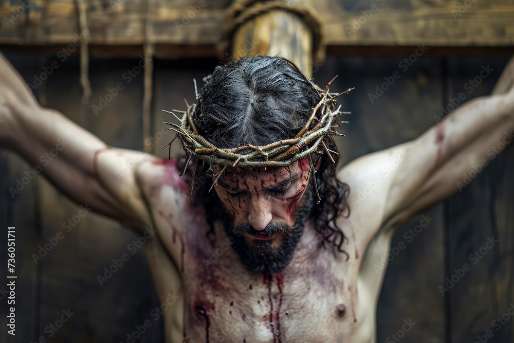 Jesucristo crucificado sobre la cruz de madera, con la corona de espinas sobre su cabeza, cara ensangrentada y torso desnudo - obrazy, fototapety, plakaty 