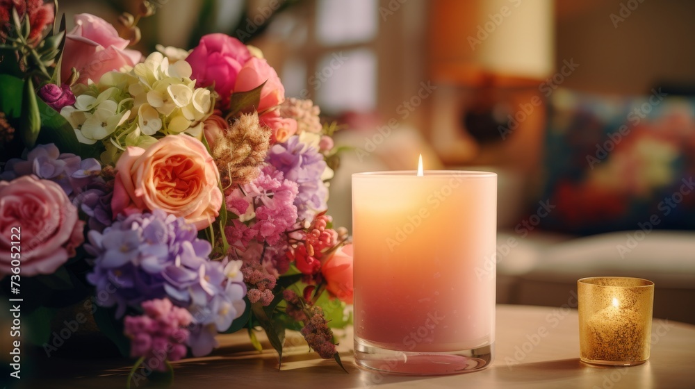 White Candle on Table Next to Flowers White Candle on Table Next to Flowers