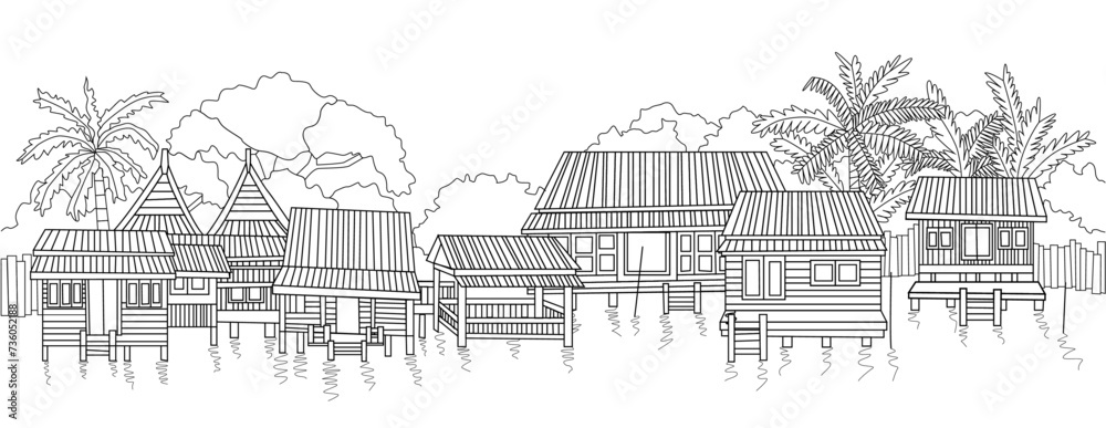 Line waterfront wooden house background
