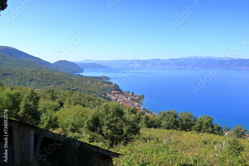 View over Ohrid Lake from Elshani to Lagadin and Pestani in North Macedonia photo