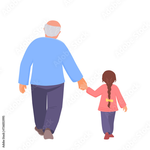Grandfather and granddaughter walk holding hands. Back view. Vector isolated color illustration in flat style.