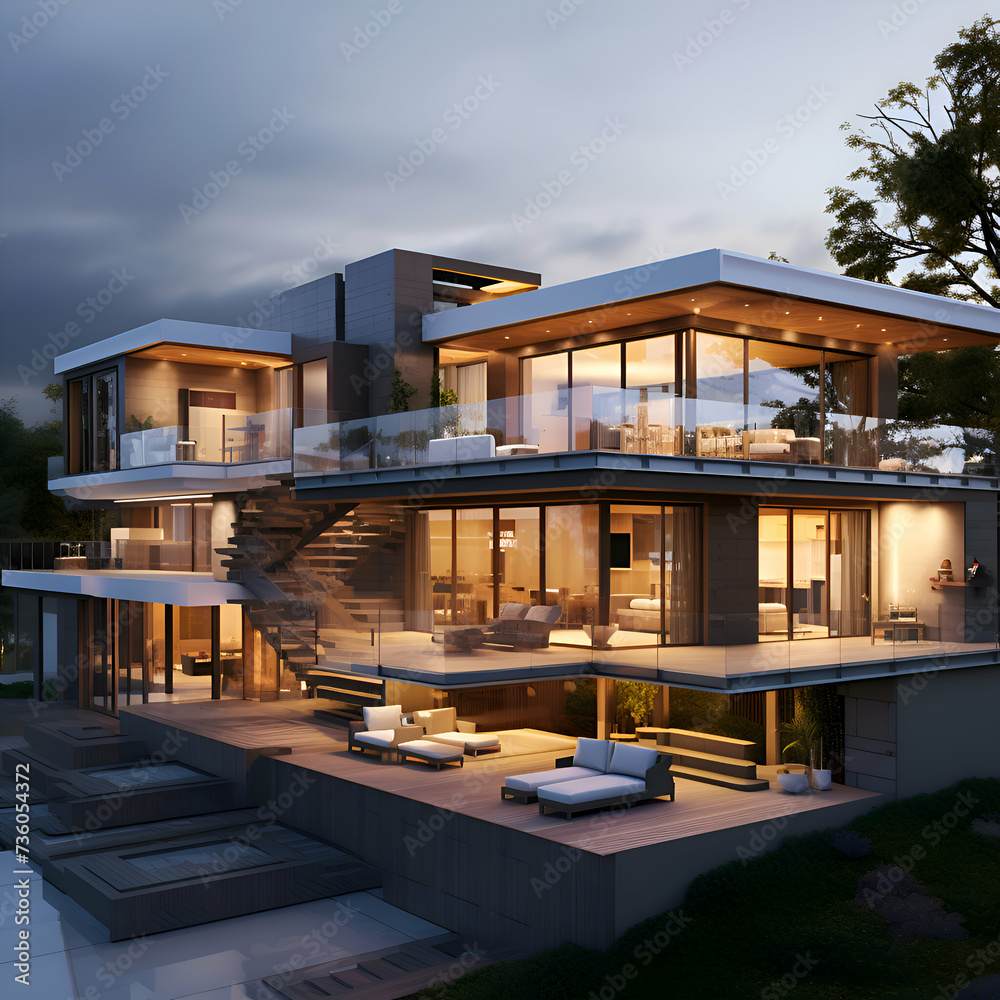 3d rendering of modern cozy house with parking and pool for sale or rent with wood plank facade.