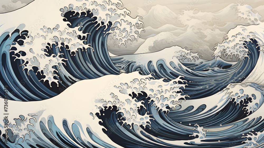 great wave on sepia background, in the style of stormy seascapes, decorative backgrounds, light sky-blue and dark beige, mural painting, bold manga lines, monochrome landscapes, colorful great wave on sepia background, in the style of stormy seascapes, decorative backgrounds, light sky-blue and dark beige, mural painting, bold manga lines, monochrome landscapes, colorful