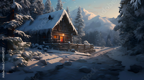 Fototapeta Naklejka Na Ścianę i Meble -  Winter landscape with a wooden cottage in the mountains. 3d render