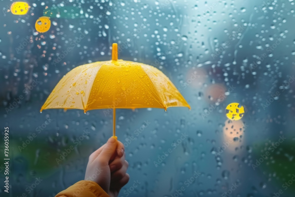 yellow umbrella is held in a person's hand in the rain