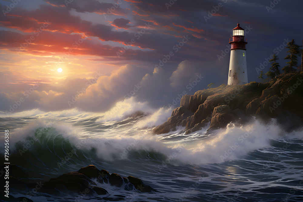 Lighthouse in the sea at sunset. 3d render illustration.