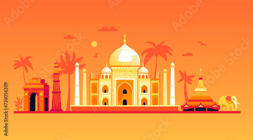 Sacred places and attributes of India - modern colored vector illustration with Taj Mahal Mosque, Gateway in New Delhi and Global Vipassana Pagoda temple. Traditions and culture of Asia idea