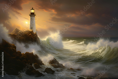 Lighthouse in stormy sea at sunset. 3d render.