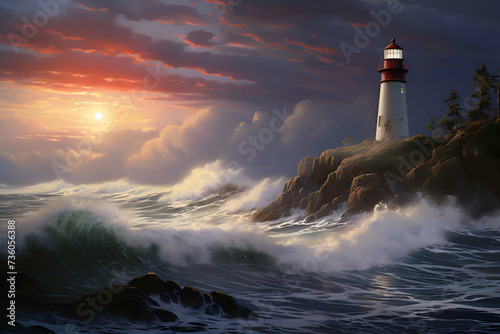 Lighthouse in the sea at sunset. 3d render illustration. © Wazir Design