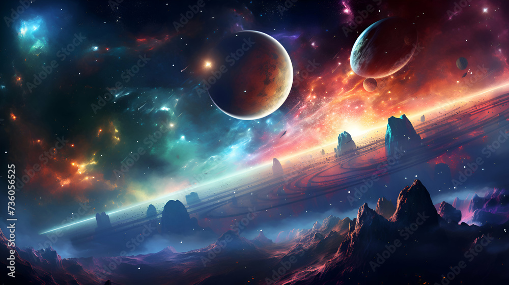 Fantasy space background with planets. stars and nebula. 3D rendering