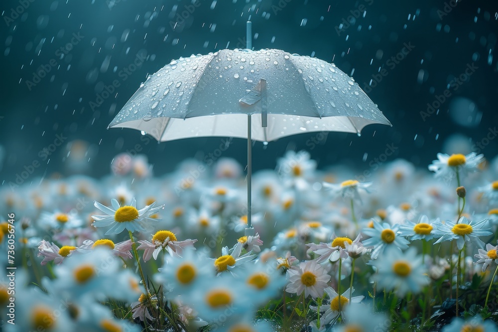 umbrella with flower garden under the rain