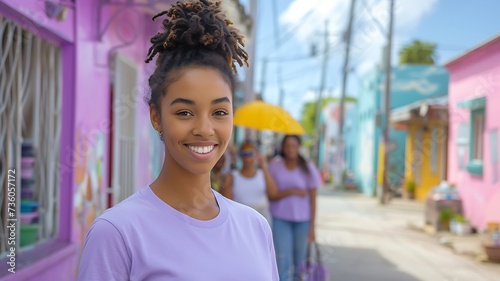 Jovem sorridente em rua colorida de bairro cultural photo