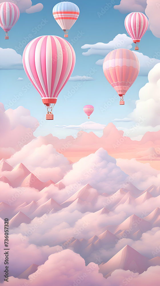 Obraz premium Hot air balloons flying over the clouds. illustration in cartoon style.