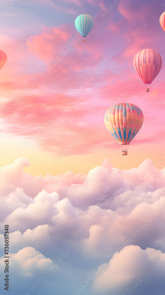 Naklejka premium Hot air balloons flying above the clouds at sunset. 3D Rendering