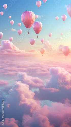 Hot air balloons flying above clouds at sunset. 3d render illustration