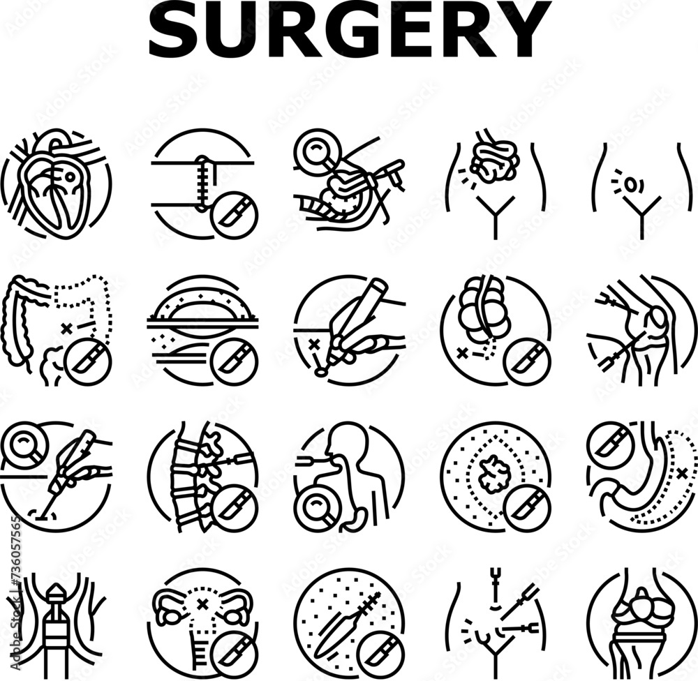 surgery doctor surgeon hospital icons set vector. health surgical, room technology, plastic medical, patient emergency, medicine surgery doctor surgeon hospital black contour illustrations