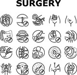 surgery doctor surgeon hospital icons set vector. health surgical, room technology, plastic medical, patient emergency, medicine surgery doctor surgeon hospital black contour illustrations