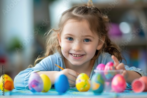 Happy young girl painting Easter eggs.