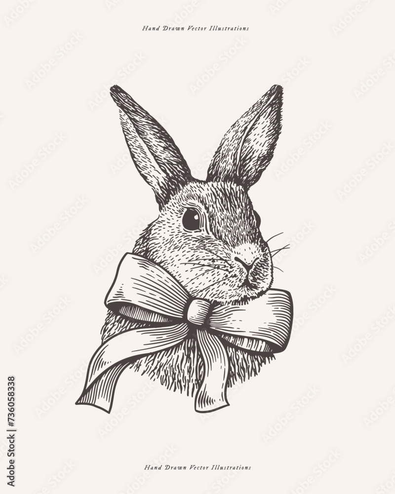 Obraz premium Cute bunny with a satin bow in engraving style. Portrait of a charming rabbit on a light background. Wild forest animal or furry pet with long ears, vector illustration.