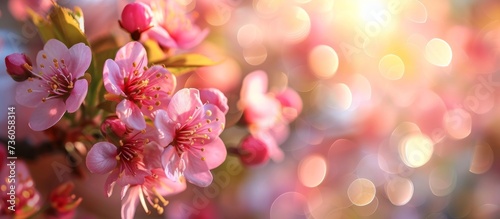 Beautiful cluster of pink flowers in full bloom hanging on a delicate tree branch © 2rogan