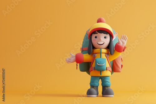 A cute friendly 3d hiking character waving to the camera. 3D Rendering style illustration