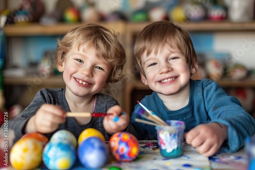 Two happy boys painting Easter eggs together.