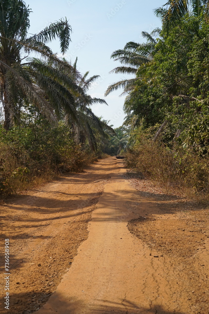 Mountain landscape in a valley where the road is red dirt. Mountain landscape in a valley where the road is red dirt.