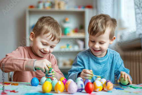 Two happy boys painting Easter eggs together.