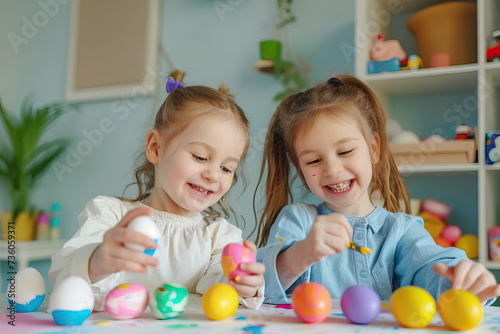 Two happy girls painting Easter eggs together.