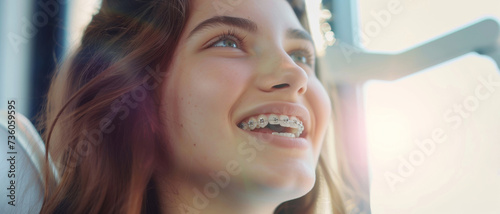 A young girl with a radiant smile and braces gazes upward, bathed in soft natural light, embodying hope and positivity.
