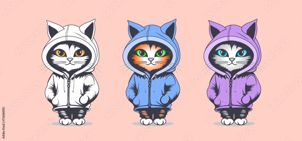 Vector set of stickers. Funny cute cartoon kittens stand in a hoodie with small paws and big colored eyes. Dressed up pets. Isolated background.