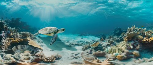 A serene sea turtle glides over a vibrant coral reef, bathed in the dappled sunlight of the shallow ocean.