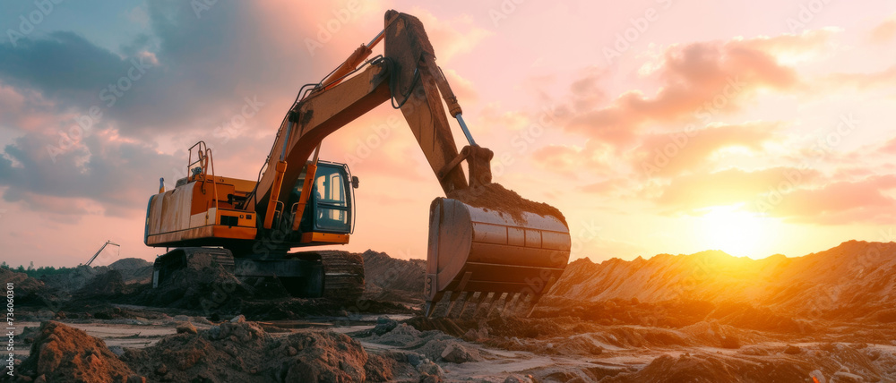 An excavator at sunset operates amidst a rugged landscape, moving earth against a backdrop of golden light and sculpted terrain. An excavator at sunset operates amidst a rugged landscape, moving earth against a backdrop of golden light and sculpted terrain.