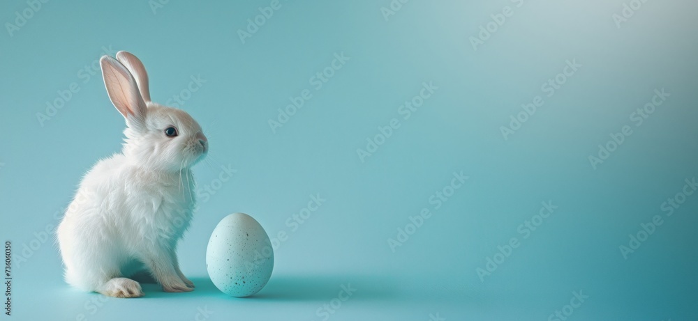 little white rabbit with blue easter egg on blue background little white rabbit with blue easter egg on blue background