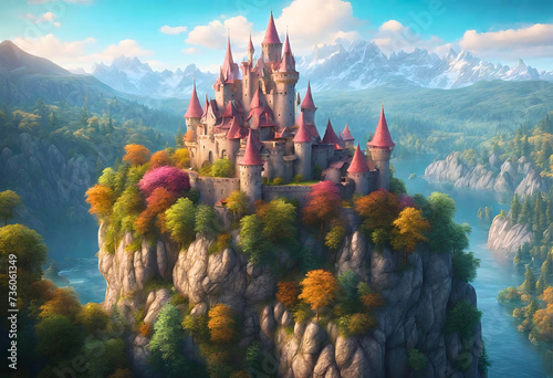 A whimsical fairytale castle perched on a cliff overlooking a vast