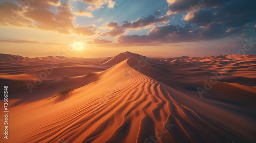 Golden Hour Over Sand Dunes in a Tranquil Desert Landscape