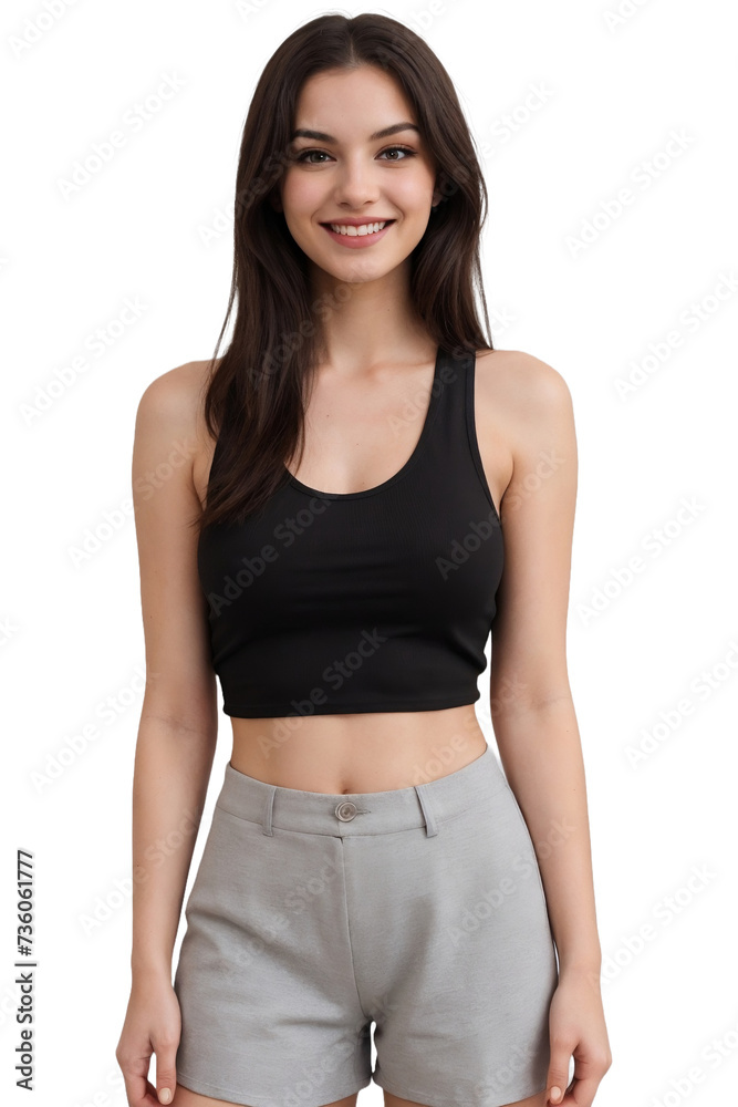 Attractive woman in a black cropped tank top smiling and looking at the camera, isolated, transparent background, no background. PNG. Attractive woman in a black cropped tank top smiling and looking at the camera, isolated, transparent background, no background. PNG.