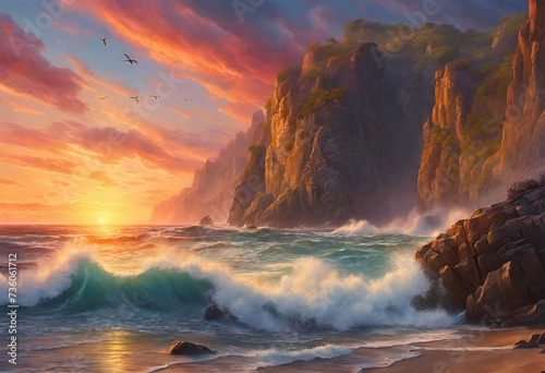 crashing waves, and a colorful sunset painting the sky