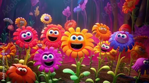 3D generated image of colorful dancing and singing flowers, kids animation movie