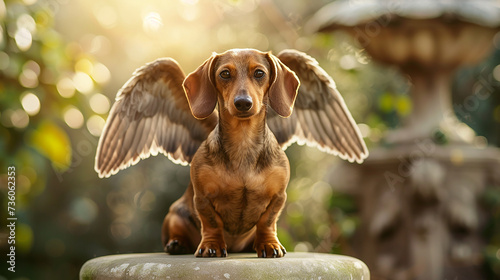 Dachshund com asas de anjo em uma área externa de um lindo parque angelical photo