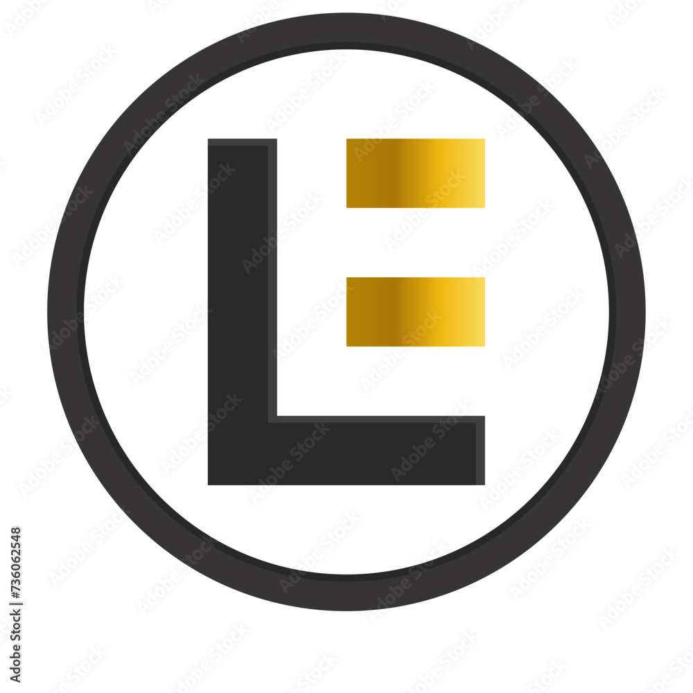 letter L and letter E icon, brand logo, gold and black