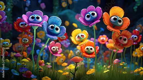 3D generated image of colorful dancing and singing flowers  kids animation movie