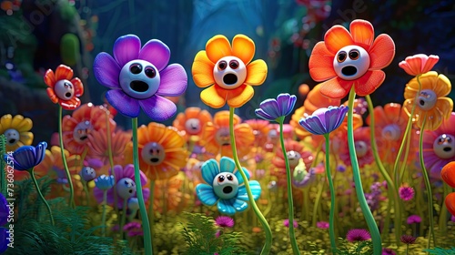 3D generated image of colorful dancing and singing flowers  kids animation movie