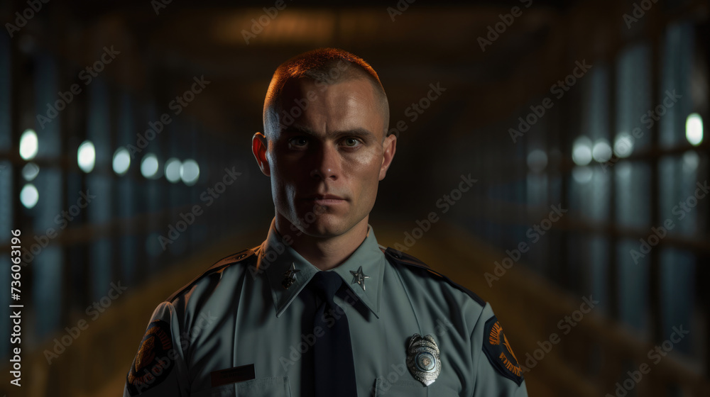 Fototapeta premium Prison guard portrait in uniform, blurred prison background